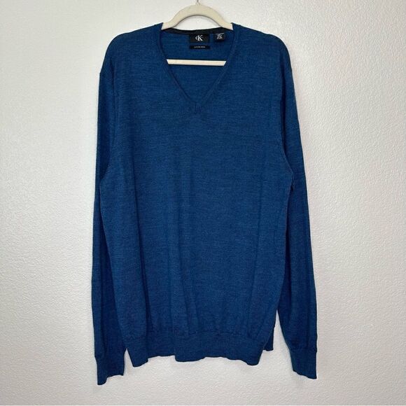 Calvin Klein 100% Merino Wool Blue Heathered V-neck Men’s Sweater - Picture 1 of 10